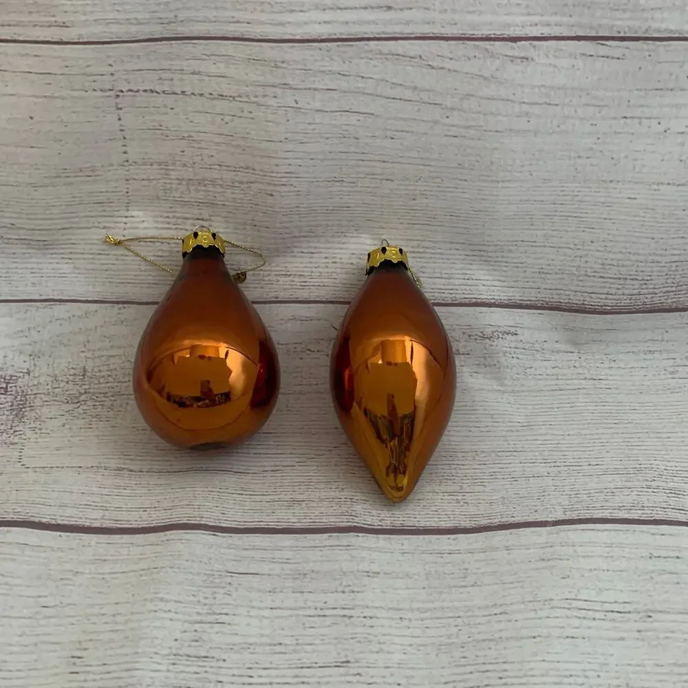 Vintage Glass Ornaments Set of 2 Brown Gold Drop Teardrop Christmas Tree